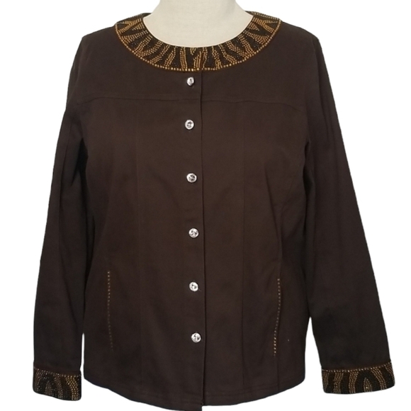 Quacker Factory SZ XL Jacket Blazer Brown Gold Studded Button Down Rhinestone - Picture 1 of 11